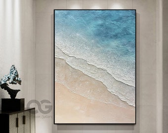 Framed Blue Ocean Wall Art Large Textured Whie Wave Painting Acrylic Abstract Coastal Landscape Canvas Painting Beach Canvas Art Wall Decor