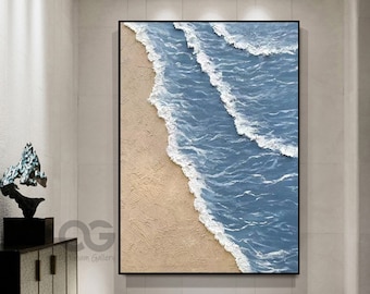 Large 3D Textured Ocean Acrylic Painting Framed Blue Beach Painting Abstract Wave Wall Art Coastal Wall Art Sea Canvas Painting Home Decor