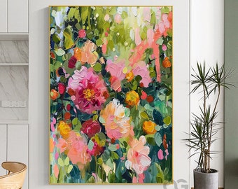 Colorful Floral Painting on Canvas - Large Boho Flower Wall Art