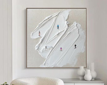 Original encadré 3D ski sport peinture plâtre Style art mural personnalisé cadeau personnalisé skieur sur montagne enneigée art blanc neige ski art