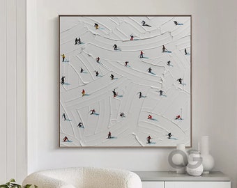 Pintura em tela original para esqui, decoração de inverno, textura, presente personalizado para esquiador em montanha nevada, arte de esqui na neve branca, decoração de parede