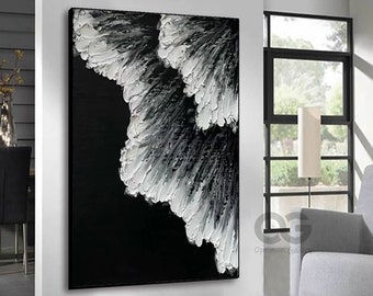 Black and White 3D Textured Ocean Painting, Modern Abstract Wave Art