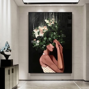 Gran pintura abstracta de mujer negra y verde, pintura de mujer, obra de arte de rostro de mujer, retrato sin rostro, pintura figurativa, arte de lienzo, decoración de pared