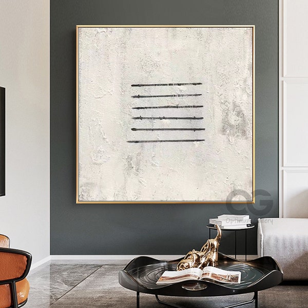 Minimalist Black Lines Painting, Beige Abstract Wall Art