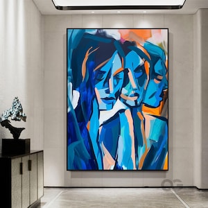 Pintura de retrato de rostro grande, pintura abstracta de dama azul, obra de arte de rostro de mujer, arte de pared original, arte figurativo en lienzo, decoración del hogar de mujer enmarcada