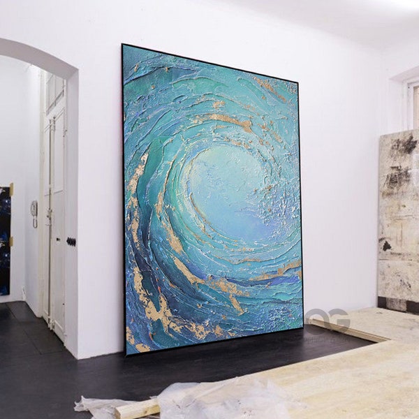 Blue Huge Wave Oil Painting On Canvas Large Abstract Ocean Wall Art Ocean Wave Painting Acrylic Textured Art Blue And Gold Abstract Painting