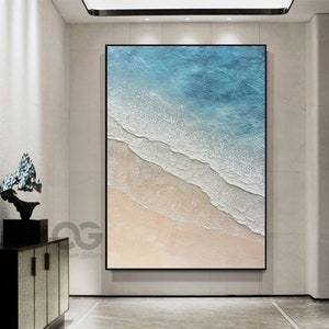 Framed Blue Ocean Wall Art Large Textured Whie Wave Painting Acrylic Abstract Coastal Landscape Canvas Painting Beach Canvas Art Wall Decor