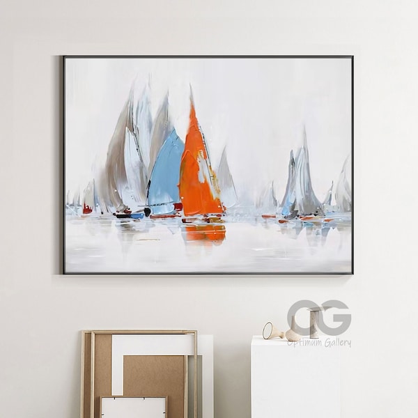 Abstract Sailboat Oil Painting on Canvas Large Original Orange Wall Art Framed Textured Sailing Boat Acrylic Painting Modern Wall Art Decor