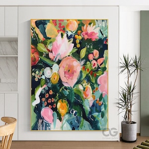 Original Garden Painting on Canvas 3D Textured Painting Green Wall Art Colorful Flower Painting Living Room Wall Art Floral Art Wall Decor