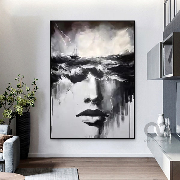 Large Abstract Lady Painting Black And White Ocean Painting Woman Face Artwork Faceless Portrait Painting Figurative Canvas Art Wall Decor