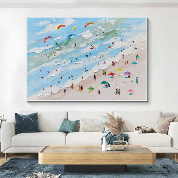 Framed Blue Beach Abstract Painting Summer Sea Wall Art Large Happy Coast Painting 3D Textured Surf Wall Art Beach Swimming Art Home Decor