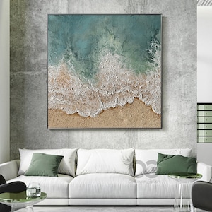 Large 3D Textured Coastal Wall Art Framed Green Beach Painting Abstract Sea Wall Art Ocean Acrylic Painting Beach Canvas Painting Wall Decor