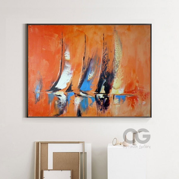 Large Sailboat Party Painting On Canvas Colorful Sailboats Harbor Painting Nautical Landscape Painting Bed Room Wall Art Summer Wall Decor