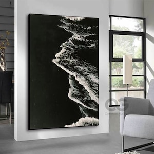 Large 3D Textured Ocean Acrylic Painting Framed Black And White Beach Wall Art Original Sea Black Artwork Beach Canvas Art Pastel Room Decor