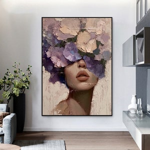 Pintura abstracta de dama, pintura de rostro de mujer, gran retrato sin rostro, obra de arte original con flores, arte figurativo en lienzo enmarcado, arte de mujer, decoración del hogar