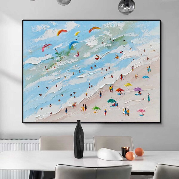 Framed Blue Beach Abstract Painting Summer Sea Wall Art Large Happy Coast Painting 3D Textured Surf Wall Art Beach Swimming Art Home Decor