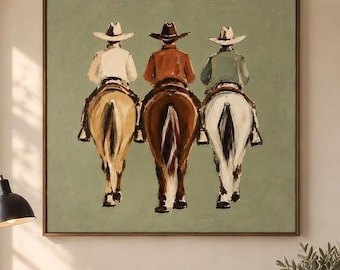 Hand-Painted Western Canvas, Three Cowboys on Horseback, Neutral Ranch Art