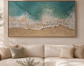 Turquoise Ocean Wave Painting, Framed Beach Wall Decor, Textured Canvas Art