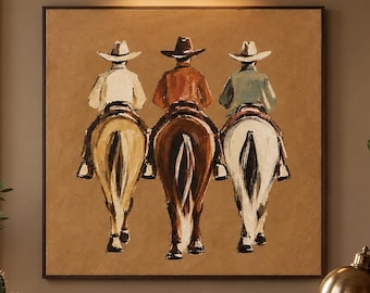 Hand-Painted Western Oil Painting, Three Cowboys on Horseback, Rustic Ranch Decor