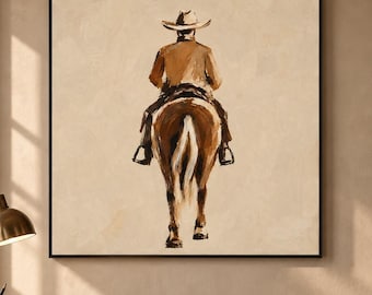 Hand-Painted Cowboy on Horse Canvas, Neutral Equestrian Art, Rustic Ranch Decor