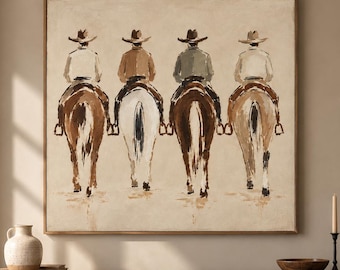 Hand-Painted Western Canvas, Four Cowboys on Horseback, Neutral Palette Art