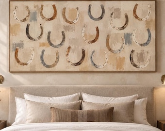 Hand-Painted Lucky Horseshoe Wall Art, Neutral Textured Canvas, Modern Ranch Decor