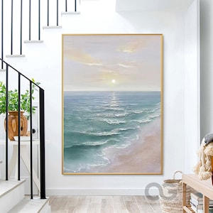 Large Green Coastal Wall Art Ocean Landscape Painting Abstract Beach Sunset Painting Blue Seascape Painting 3D Texture Sea Wave Wall Decor