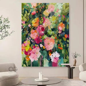 May include: A vibrant abstract painting featuring a cluster of pink, yellow, and white flowers with green leaves. The flowers are painted in a loose, expressive style, with visible brushstrokes. The background is a mix of green and blue hues.