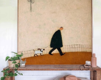 May include: Large framed painting depicting a person walking a dog on a leash. The artwork features a minimalist style with a muted color palette of beige, brown, and black. The dog is white with black spots.