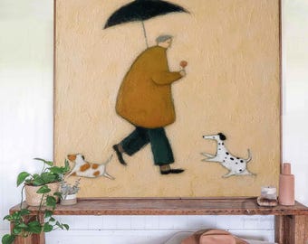 May include: A framed painting depicts a person walking with an umbrella, holding a flower, and followed by two dogs. The person wears a mustard-colored coat and green pants. The dogs are a Dalmatian and a brown and white spotted dog.