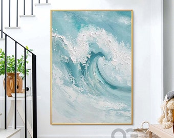 Blue Big Sea Wave Seascape Painting on Canvas Large Original Ocean Wall Art Beach Landscape Acrylic Painting Living Room Wall Art Home Decor