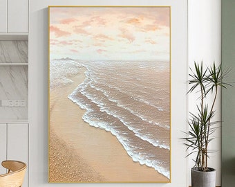 Große Meeresmalerei auf Leinwand Abstrakte Ozean Malerei Strand Sonnenuntergang Abstrakte Malerei Weiße Welle Malerei Schwere Textur Malerei Boho Wandkunst