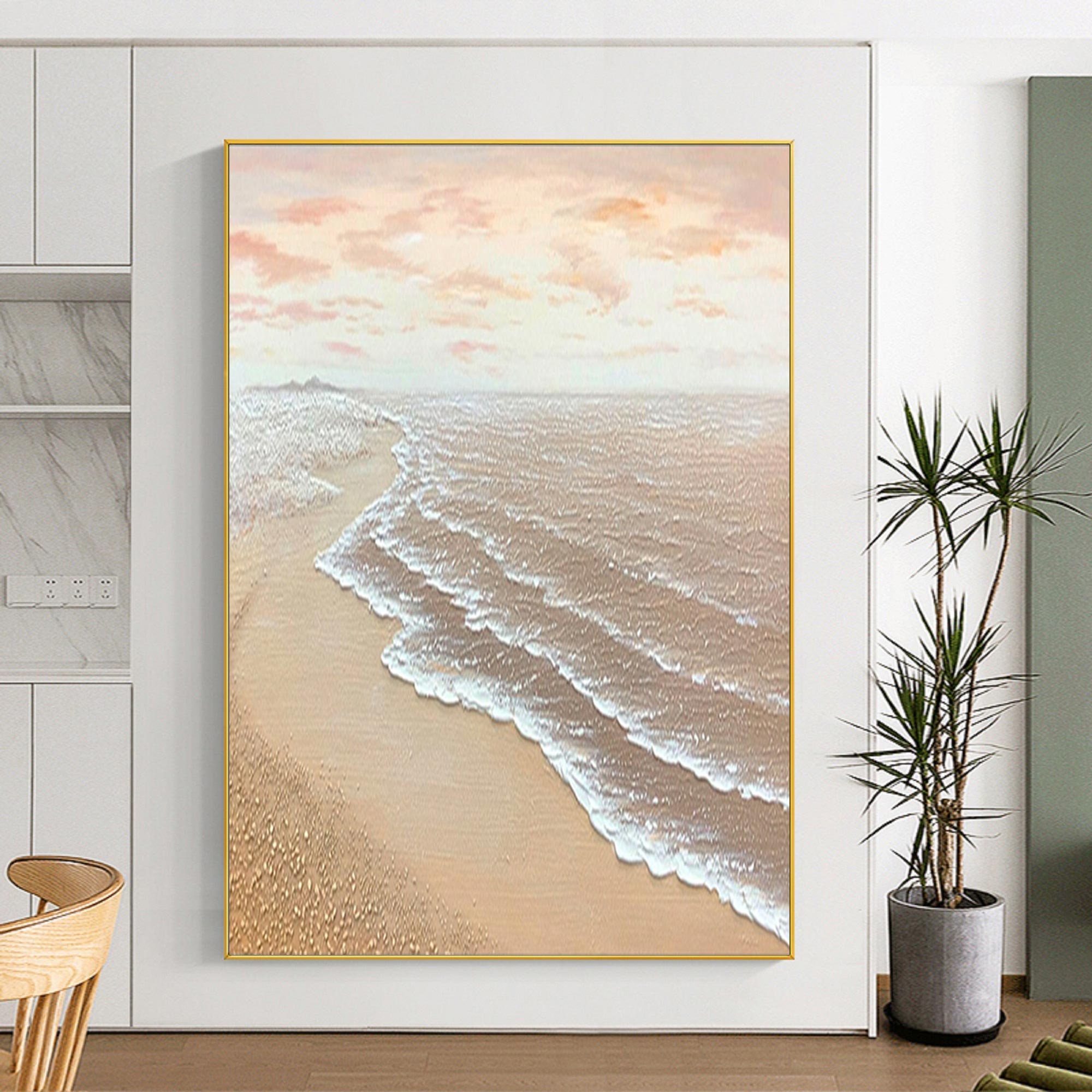 Heavy Texture White Wave Painting for Boho Style Home Decor