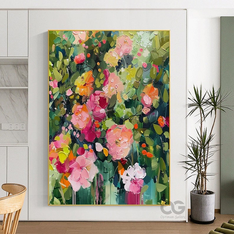 May include: Abstract painting of a floral garden with pink, yellow, and green flowers. The painting is done in a loose, impressionistic style.