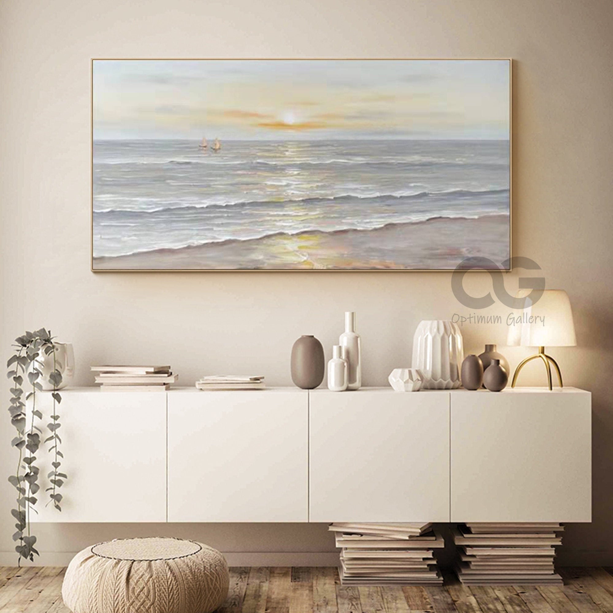 Large Ocean Sunset Painting ｜ Textured, Beige Clouds (36x48, Beach Landscape)