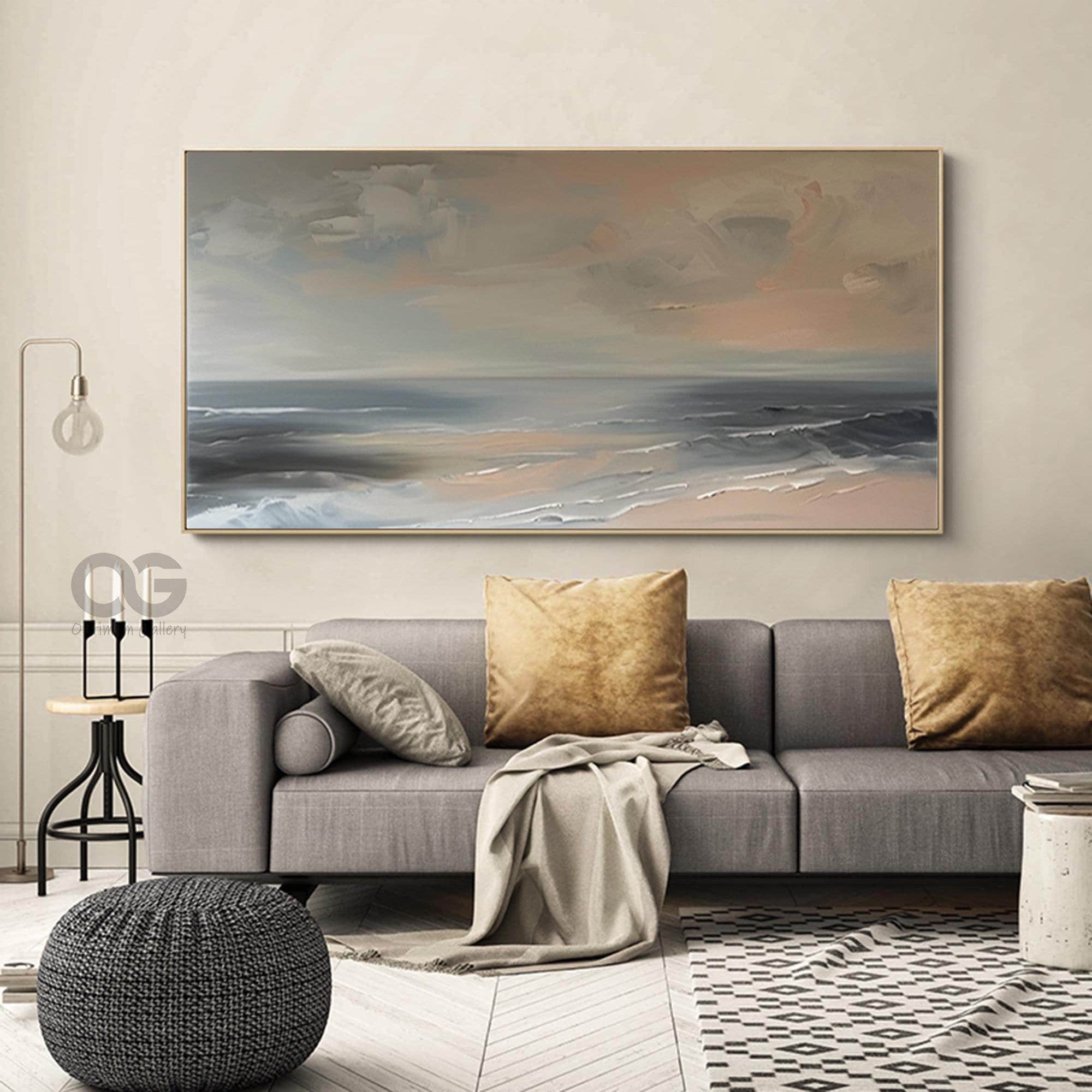 Large Ocean Sunset Canvas Painting ｜ Textured, Gray Clouds (24x36, Beach Landscape)