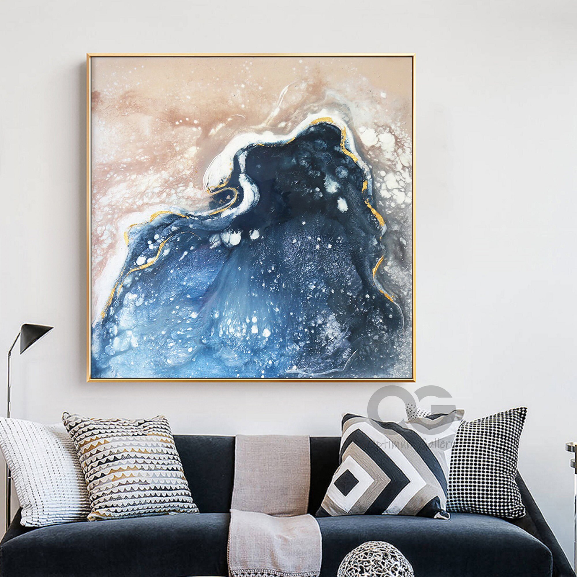 Large Modern Blue and Gold Canvas Art Brown Acrylic Abstract Etsy UK