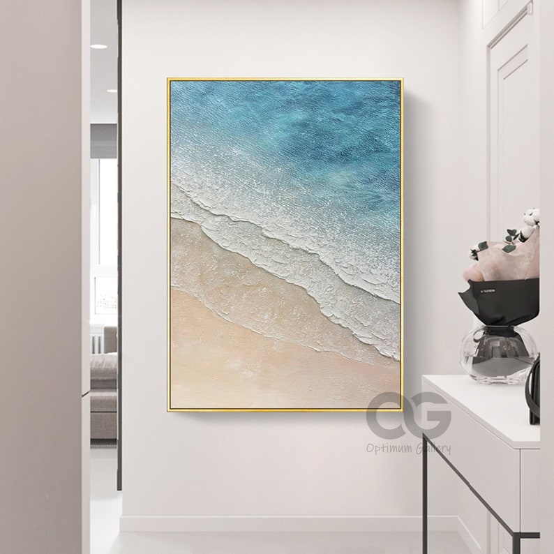 Framed Blue Ocean Wall Art Large Textured Whie Wave Painting Etsy