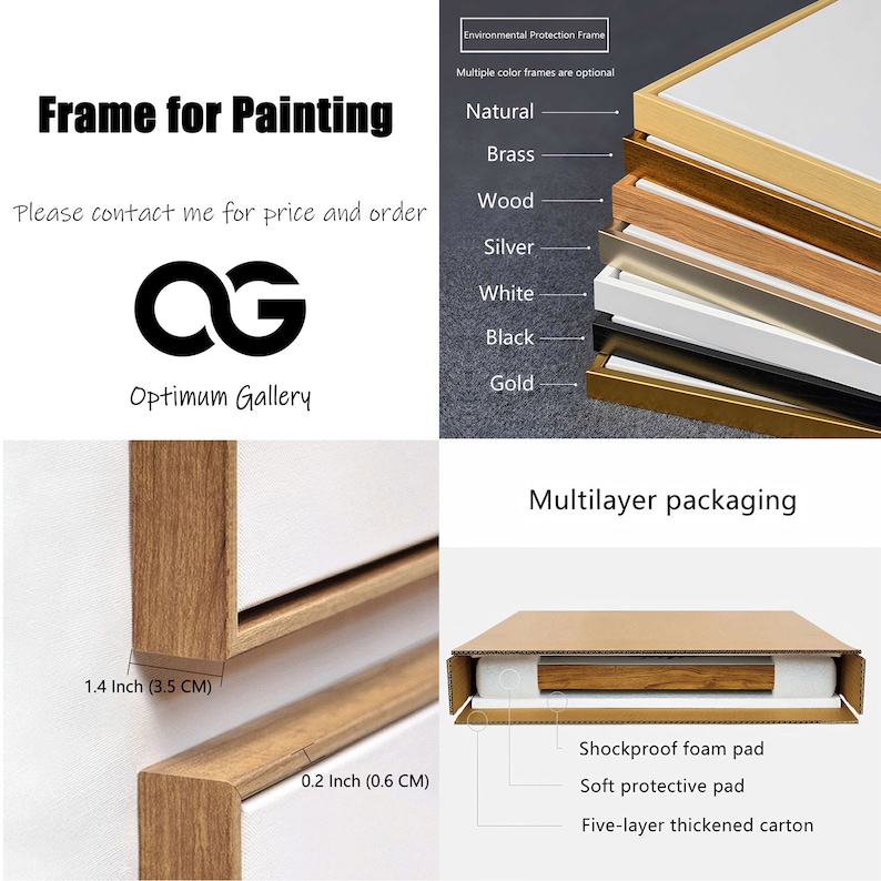 May include: Frames for paintings in various colours: natural, brass, wood, silver, white, black, and gold. The frames are 3.5 cm wide and 0.6 cm thick. The image shows the frames and packaging, which includes a shockproof foam pad and a five-layer carton.