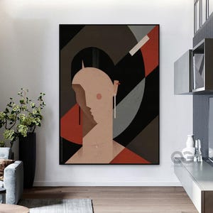 Gran retrato de rostro retro, pintura abstracta de dama, obra de arte de rostro de mujer, arte figurativo original en lienzo, arte de mujer pintado a mano, decoración artística