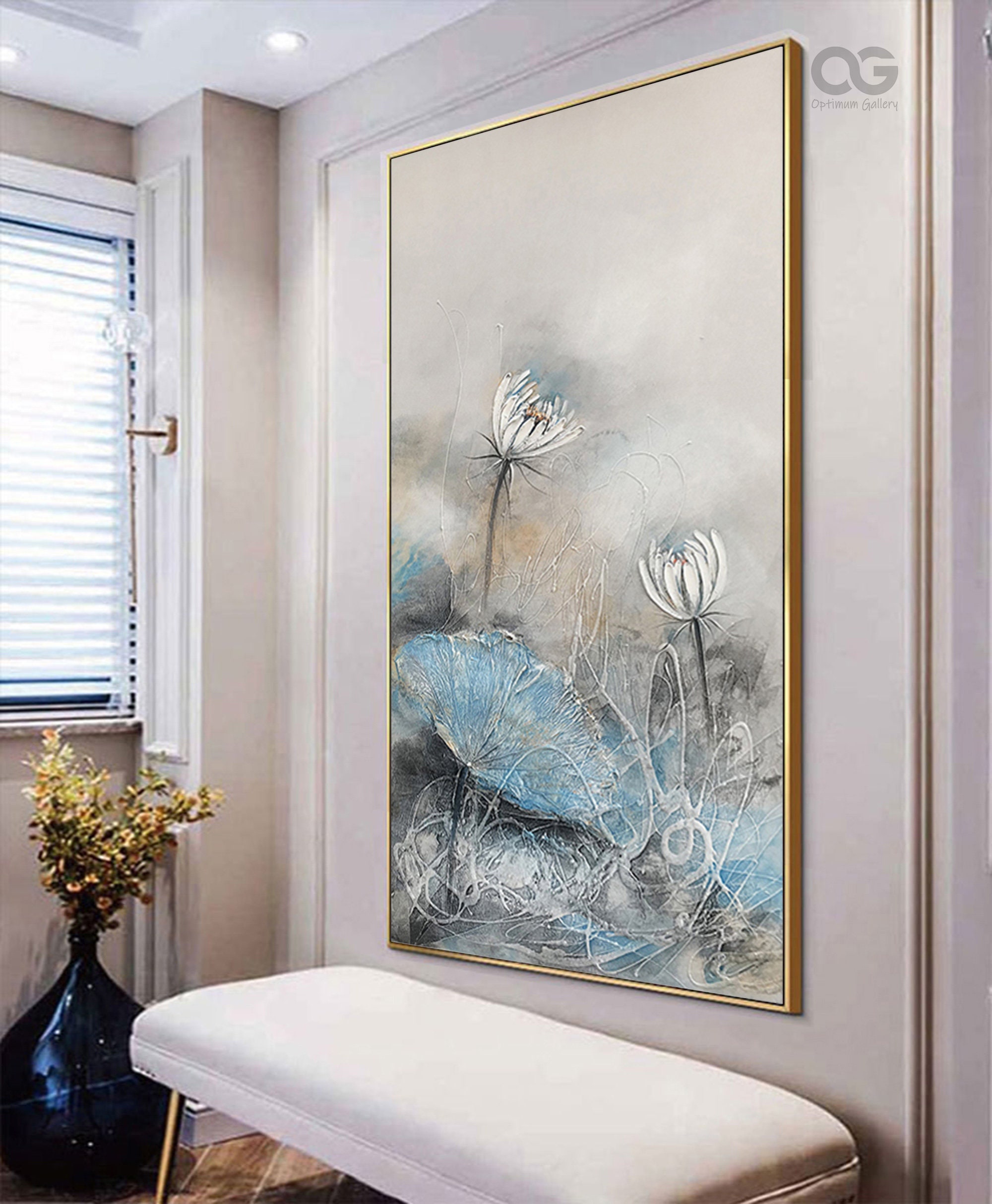 Original Modern Lotus Flower Painting Acrylic Large White - Etsy