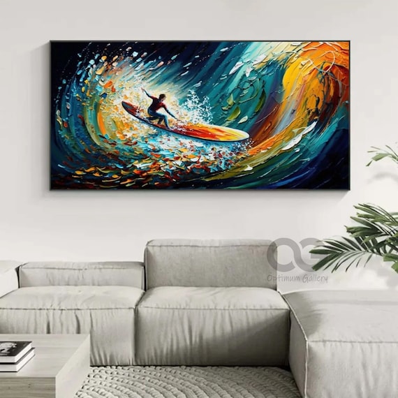 Texture Blue Wave Acrylic Painting Framed Surf Wave Painting on