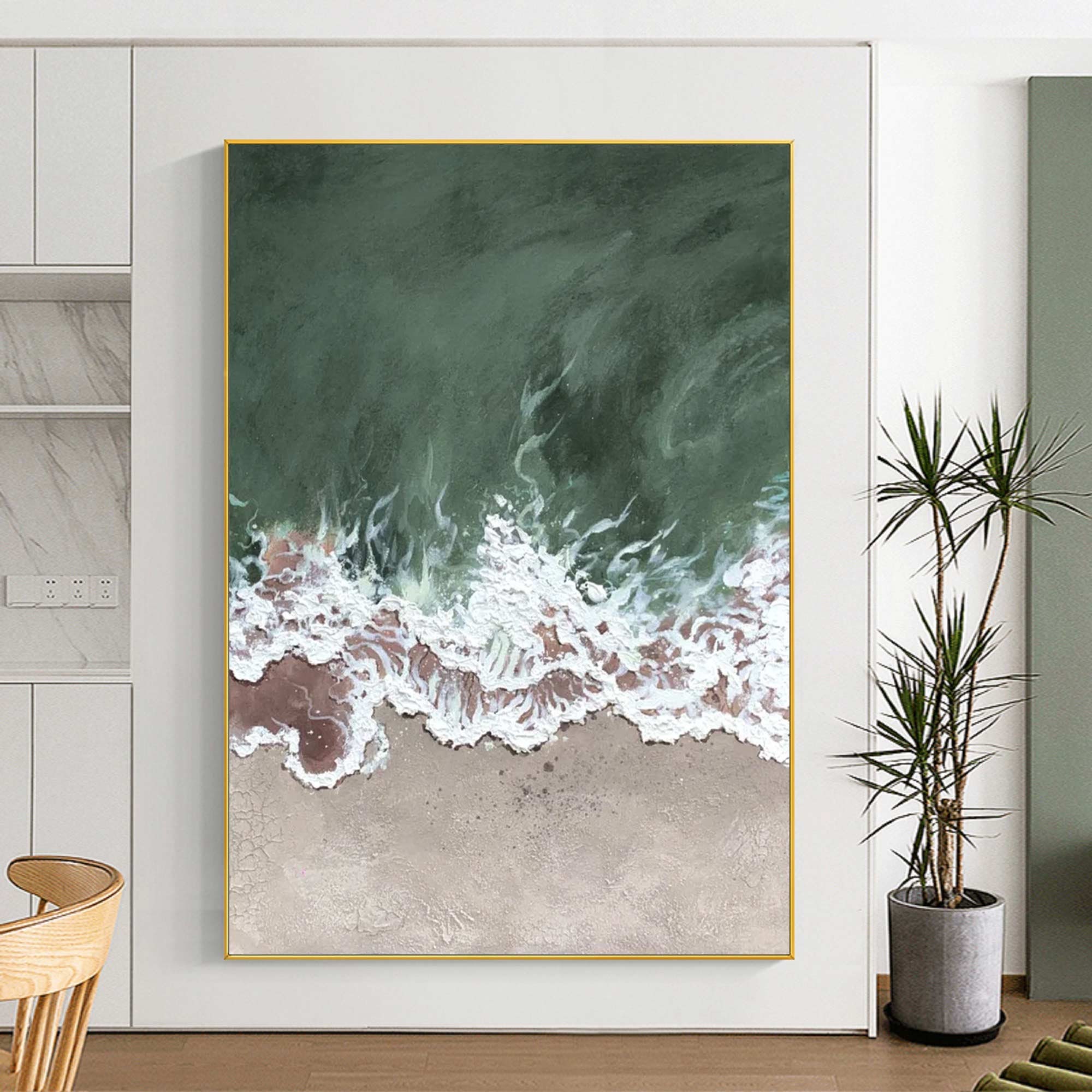 Abstract Beach Painting on Canvas： Large Green and White Decor