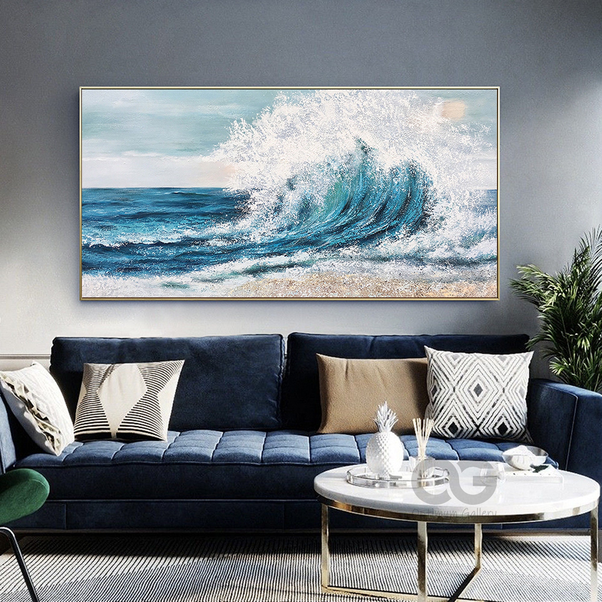 Textured Ocean Wave Wall Art Large Blue Sea Painting Seascape Etsy UK