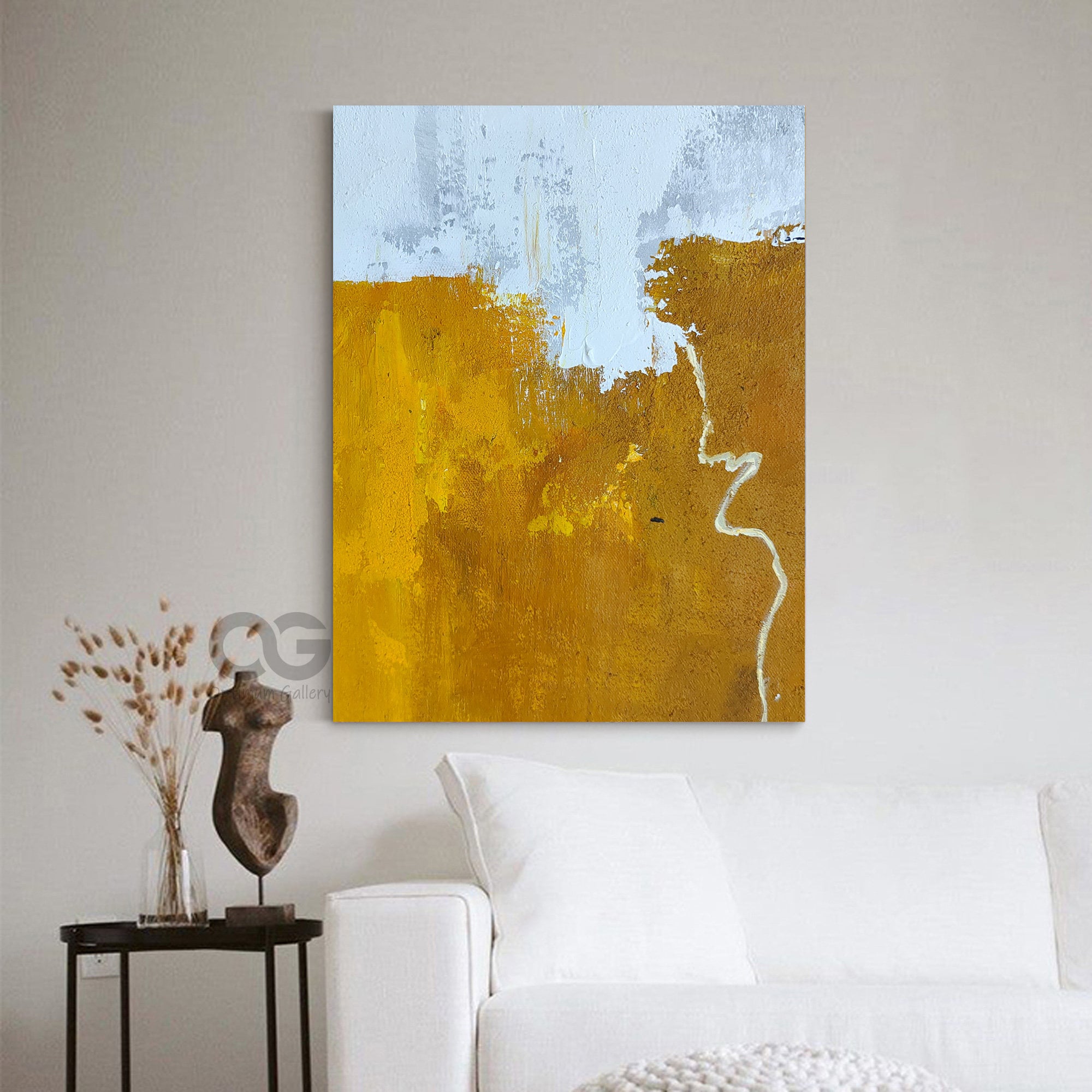 Large Minimalist Abstract Painting Yellow and White Canvas Art Etsy