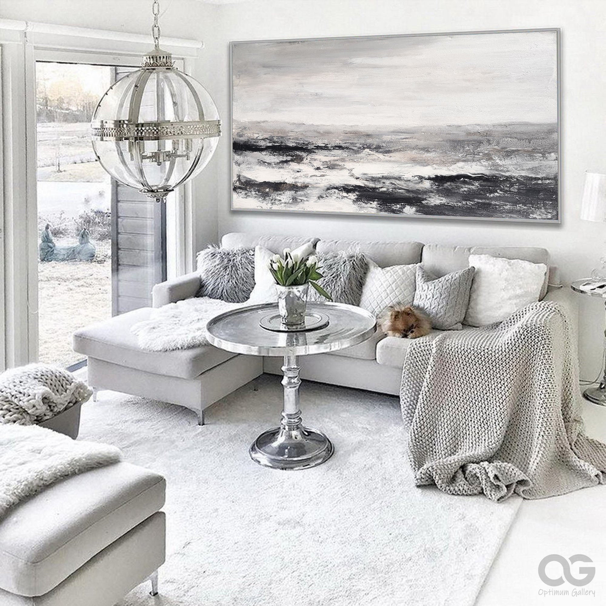 Black & White Abstract Painting ｜ Textured, Panoramic (48x60, Modern Beach Art)
