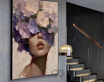 抽象的な女性の顔の絵画、花の顔のない肖像画、額入りキャンバスアート