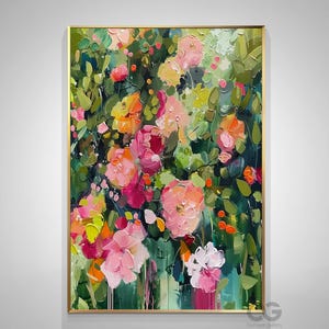 May include: A colorful abstract painting of pink, red, yellow, and white flowers with green leaves. The painting is done in a loose, impressionistic style.