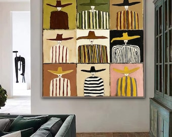 Colorful Hat Ladies Wall Art, Modern Fashion Oil Painting, Boho Western Cowgirl Canvas Decor