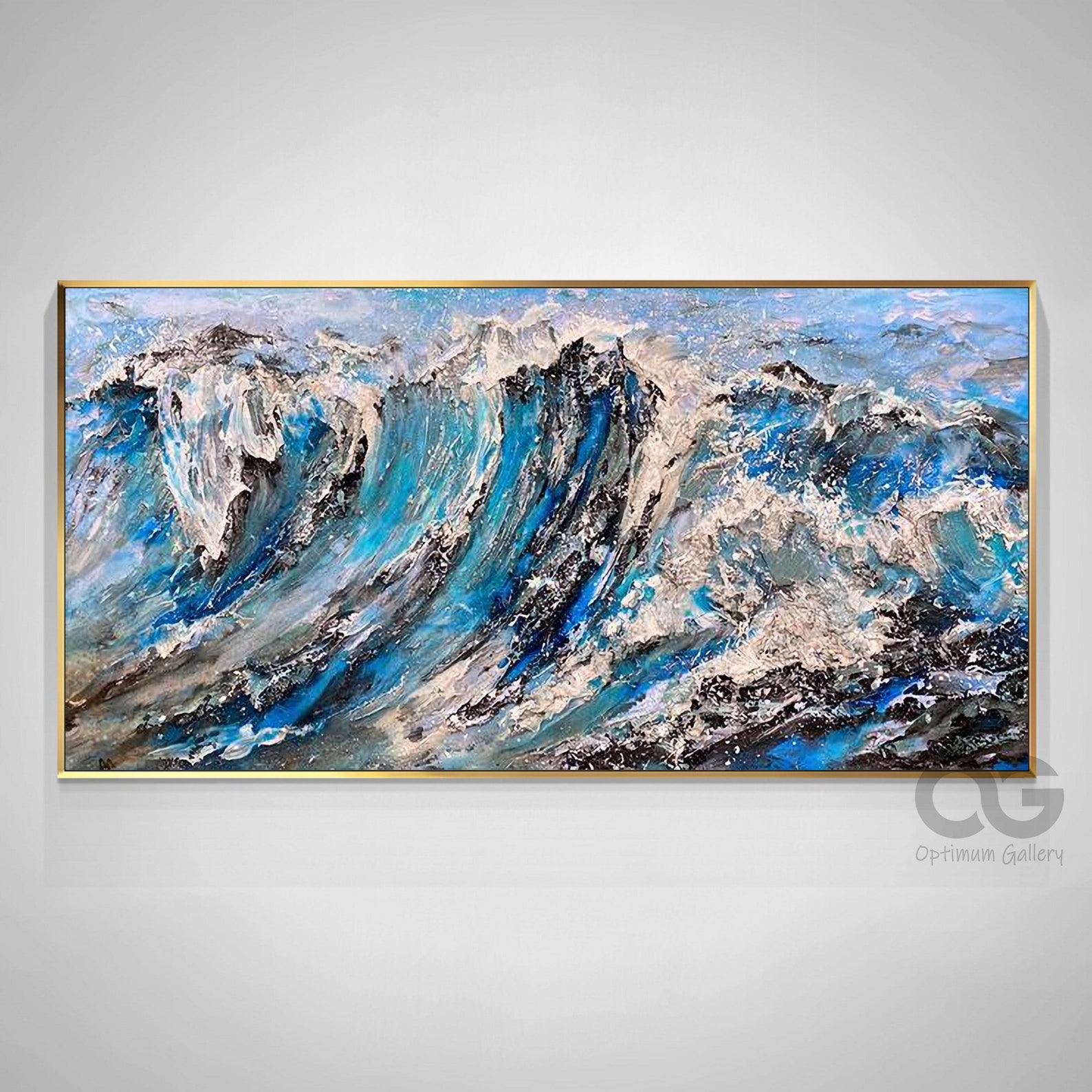Textured Ocean Wave Wall Art Large Framed Blue Sea Painting Etsy